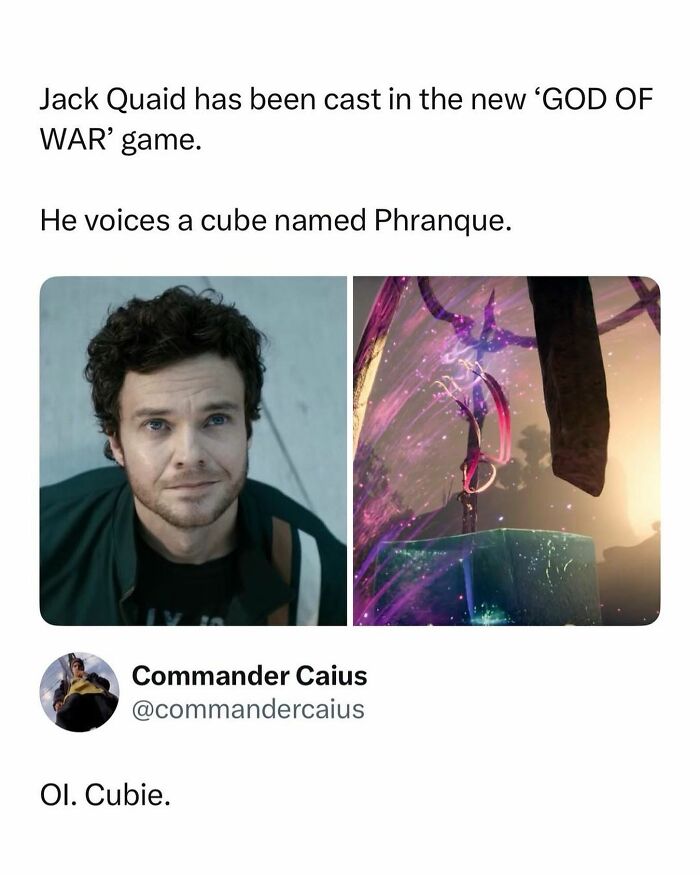Jack Quaid and a cube named Phranque from God of War, a pop culture post for instant good vibes.