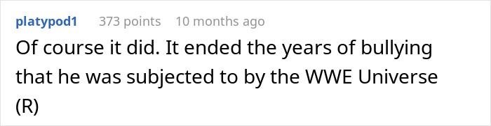 Screenshot of a comment about John Cena's hair transplant ending years of bullying.
