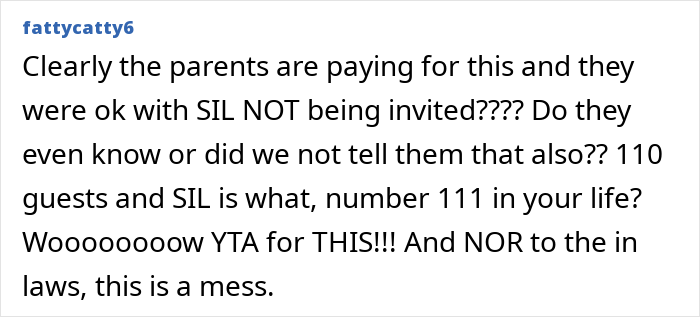 Comment blaming parents and in-laws for wedding guest list conflict over mother-in-law move