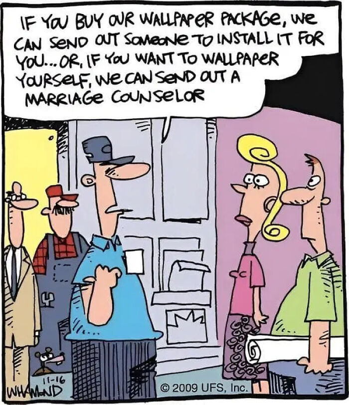 Dave Whamond comic about wallpaper installation, offering a marriage counselor for DIY, a clever take on human nature.