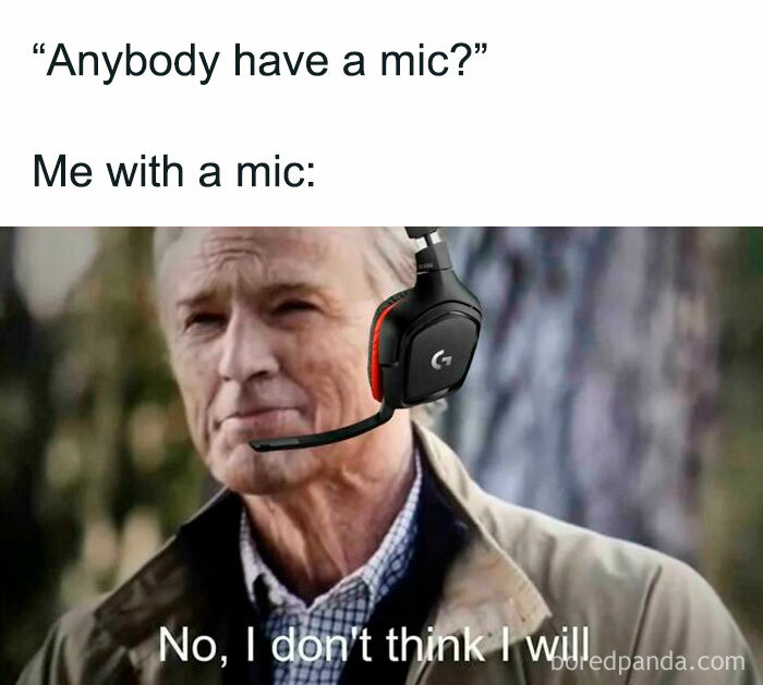 Older man with gaming headset replies no to having a mic gamer meme