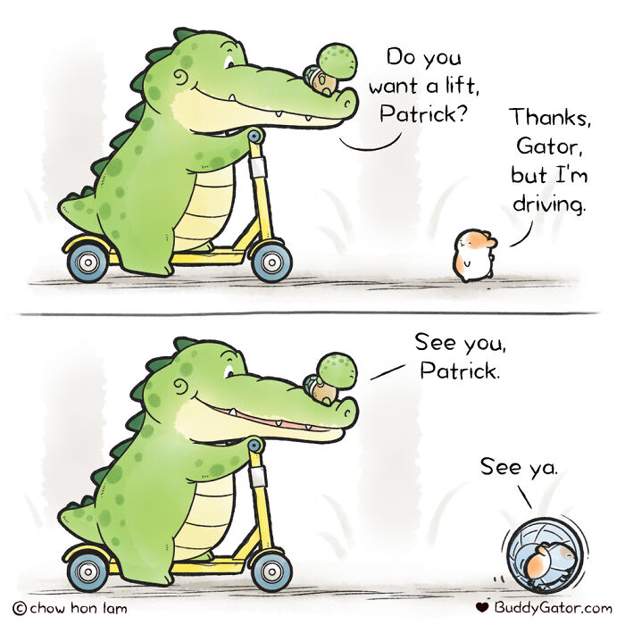 Wholesome comics featuring an alligator offering a lift to a hamster, showcasing their funny interaction.