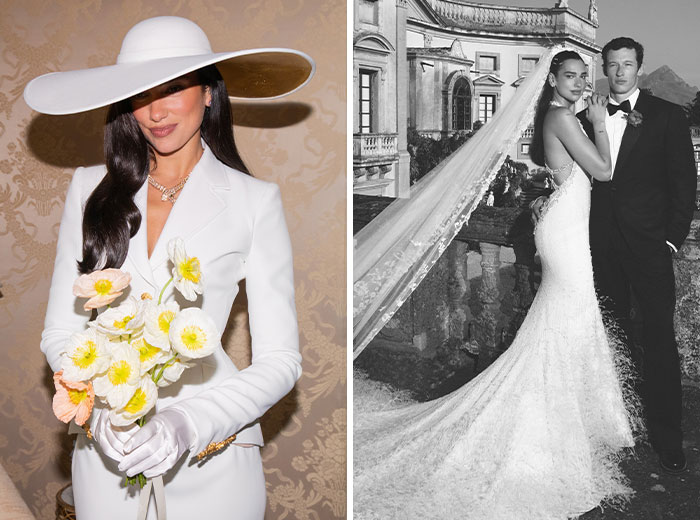 Dua Lipa and a model wearing stunning celebrity wedding dresses that are elegant and stylish.