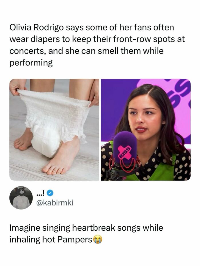 Olivia Rodrigo meme about fans wearing diapers at concerts for good vibes and pop culture posts.