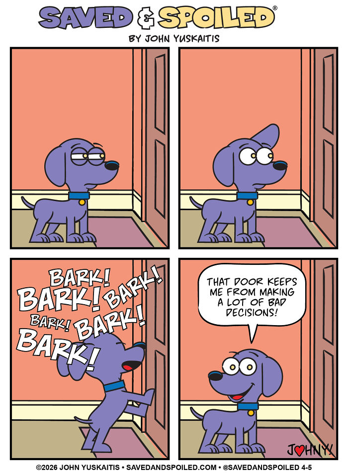 Dog barks at closed door explaining it stops bad decisions in dog comics