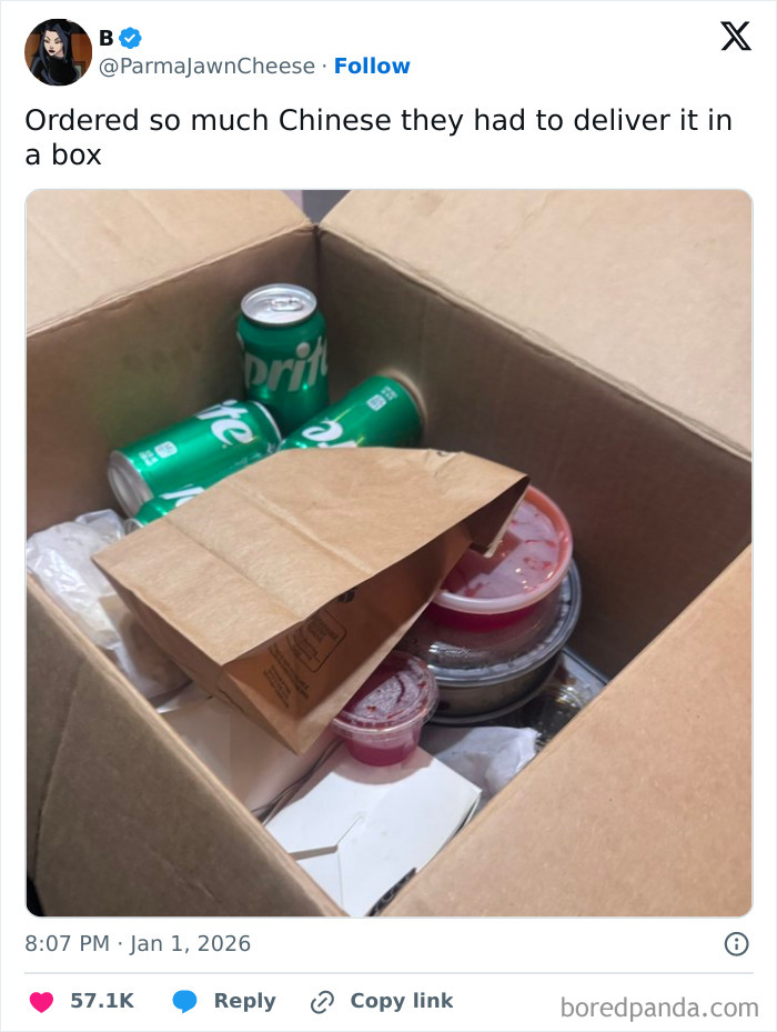 A large cardboard box filled with multiple Chinese food containers and Sprite cans, highlighting an excessive food delivery.