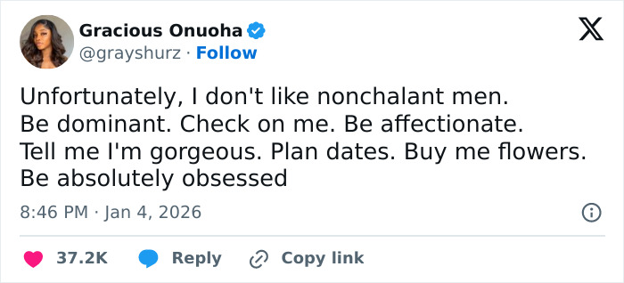 Tweet expressing preference for dominant, affectionate behavior in relationships