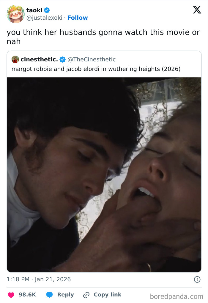 Hilarious cinephile tweet featuring an image of Margot Robbie and Jacob Elordi in Wuthering Heights (2026).