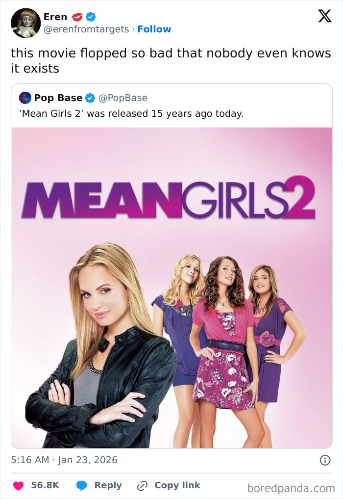 The Mean Girls 2 movie poster, highlighted by a hilarious cinephile tweet about its flop, proving movie people are a special kind of unhinged.