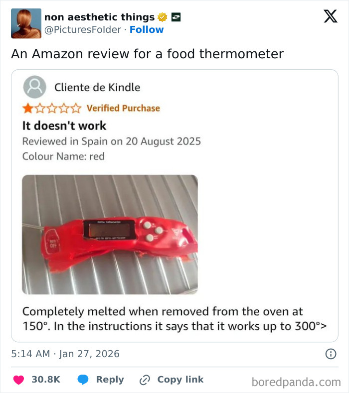 A funny online review for a food thermometer that melted in the oven, despite instructions stating it works up to 300 degrees.