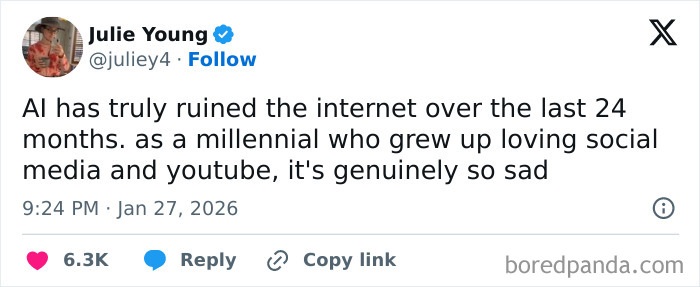 Millennial tweet about AI ruining internet despite love for social media and YouTube