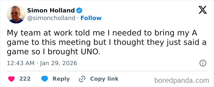 A funny post satirizing corporate life with a tweet about bringing UNO to a work meeting.