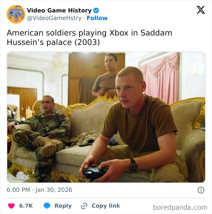 American soldiers playing Xbox in Saddam Hussein's palace in 2003, highlighting a moment in history explaining all wars.