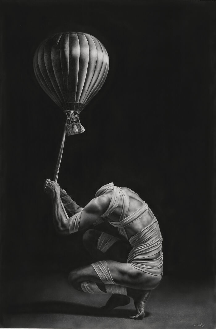 Surreal pencil drawing of a bandaged figure holding a hot air balloon tether, blending reality and imagination
