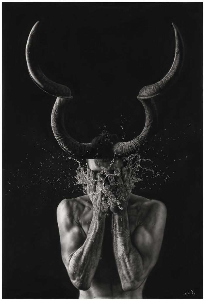 Surreal pencil drawing of a man with large horns splashing water on his face