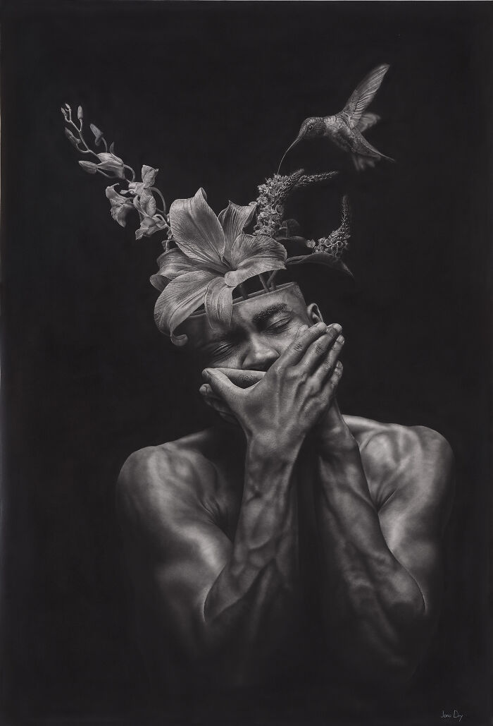 Surreal pencil drawing of a man with floral growth and hummingbird near his head by Jono Dry