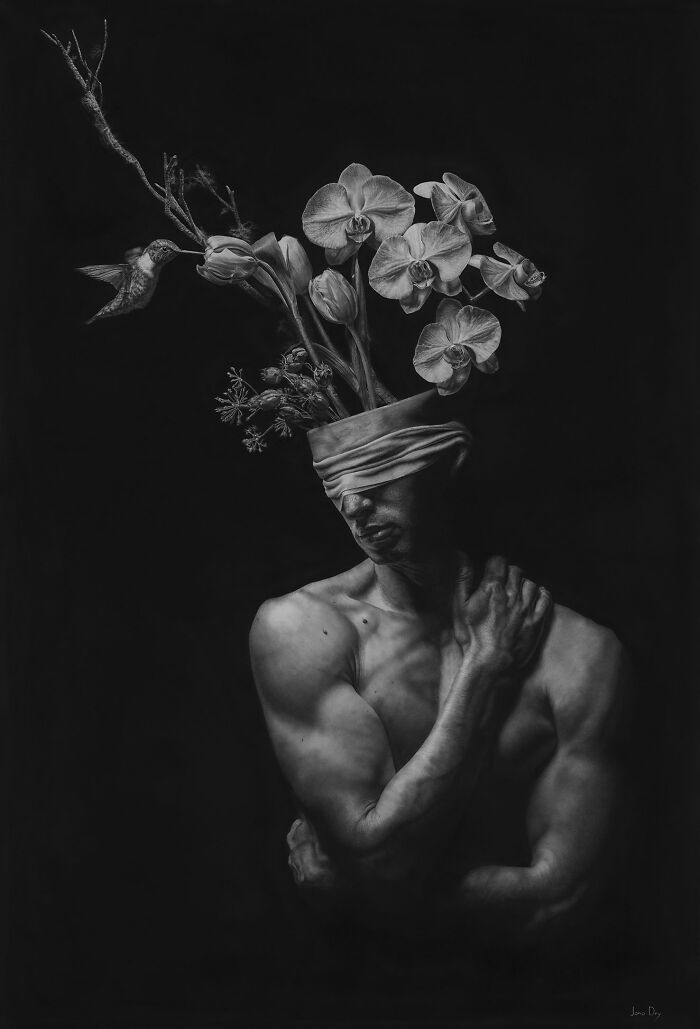 Surreal pencil drawing of a blindfolded man with flowers growing from his head by Jono Dry