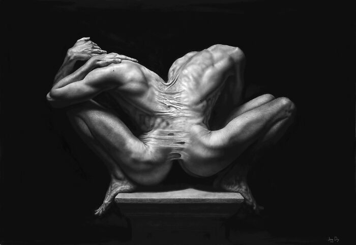Surreal pencil drawing of a contorted male figure bending over on a pedestal