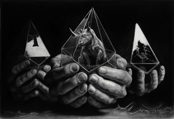 Surreal pencil drawing of hands holding glass pyramids with a trapped rhinoceros inside
