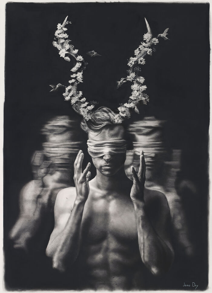 Surreal pencil drawing of blindfolded figure with floral horns and dynamic motion by Jono Dry
