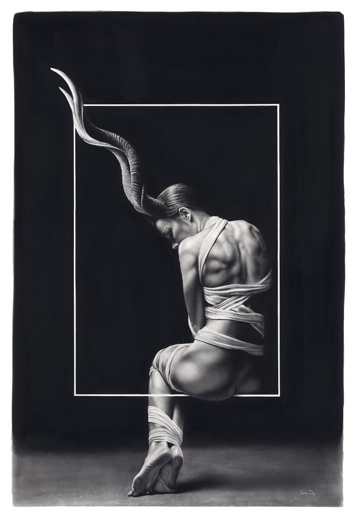 Surreal pencil drawing of a figure with twisted horns and wrapped body by Jono Dry