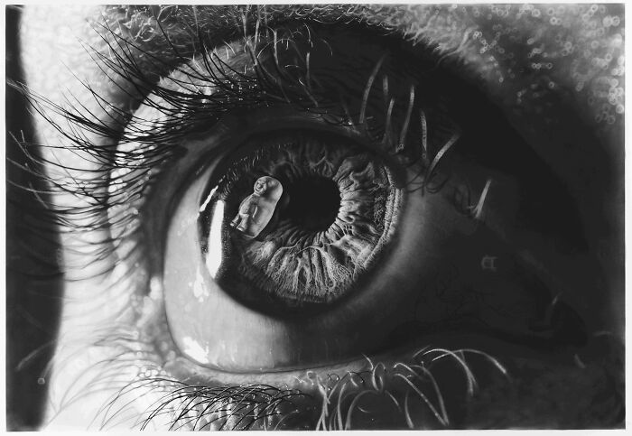 Surreal pencil drawing of a detailed human eye with a fetus reflected in the iris