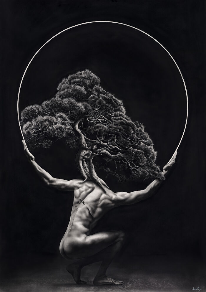 Surreal pencil drawing of a man with bonsai tree head holding white circle by Jono Dry