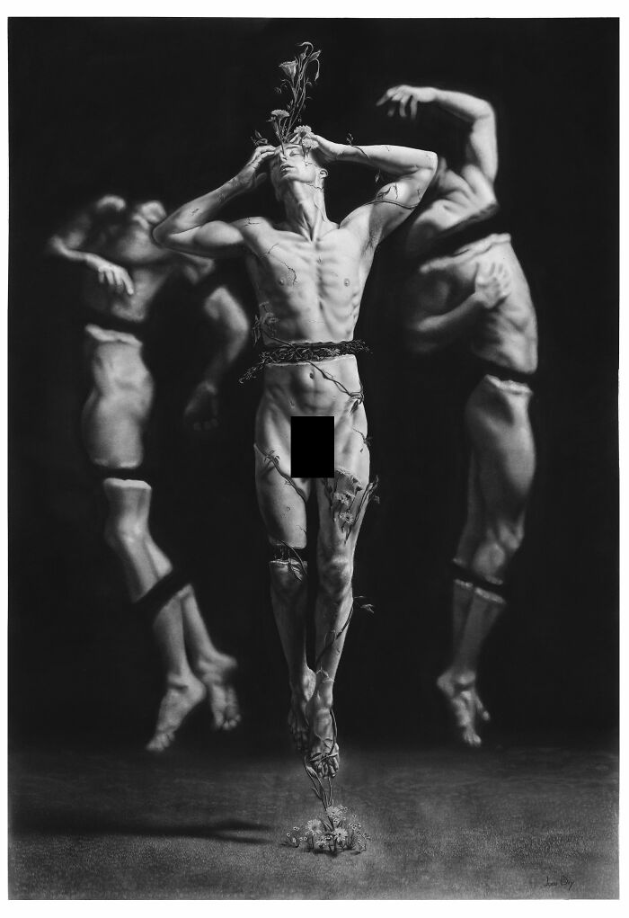 Surreal pencil drawing of male figures with vines blending into their bodies by Jono Dry