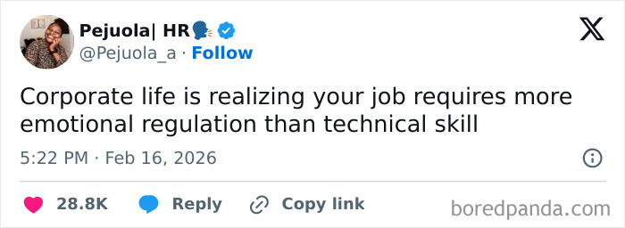 Funny post satirizing corporate life, highlighting emotional regulation over technical skill in the workplace.