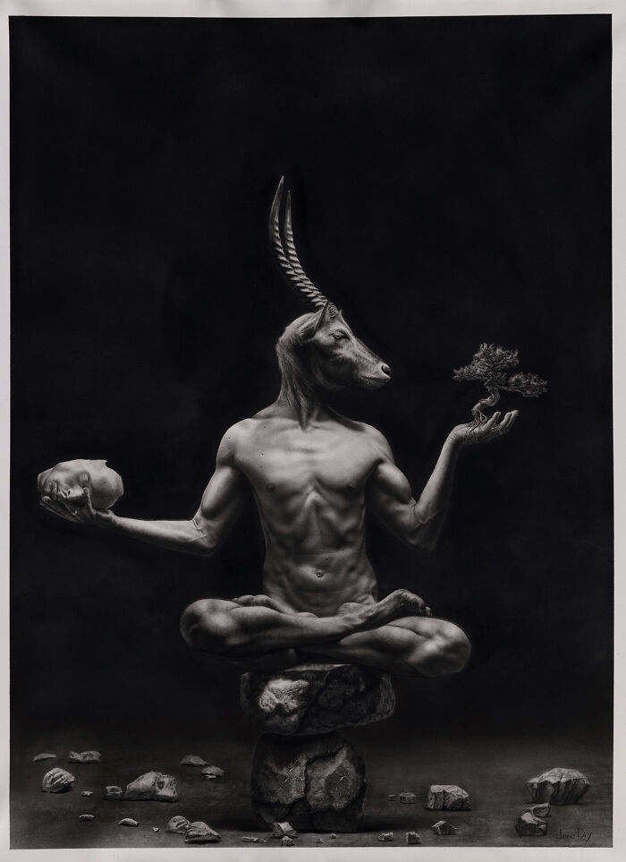 Surreal pencil drawing of a muscular figure with antelope head balancing skull and bonsai