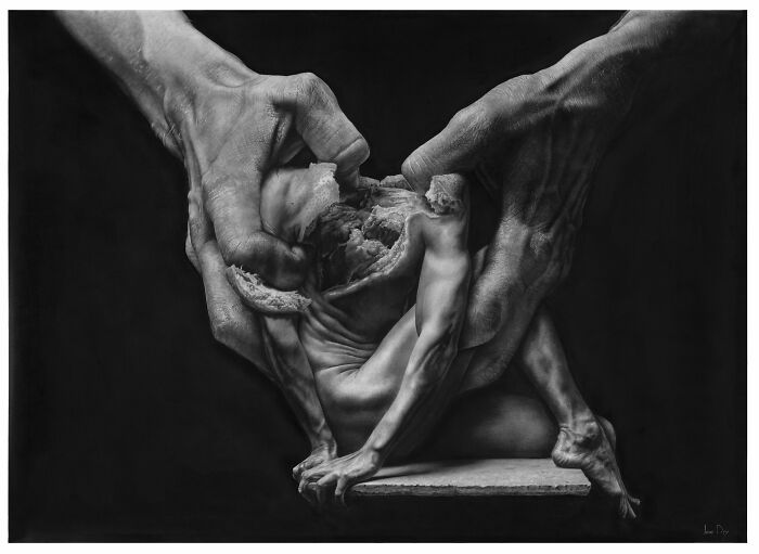 Surreal pencil drawing of hands tearing open a human figure by Jono Dry