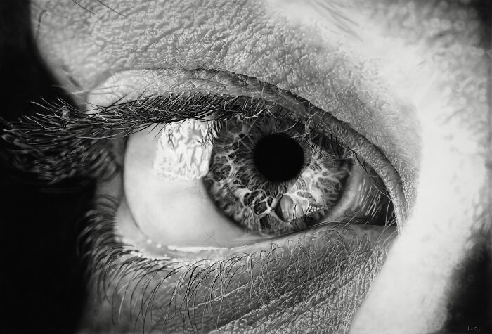 Close-up surreal pencil drawing of a detailed human eye by Jono Dry