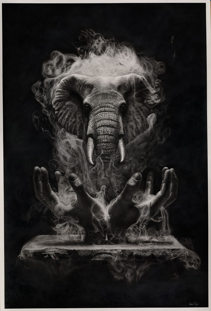 Surreal pencil drawing of elephant head emerging from smoke over hands by Jono Dry