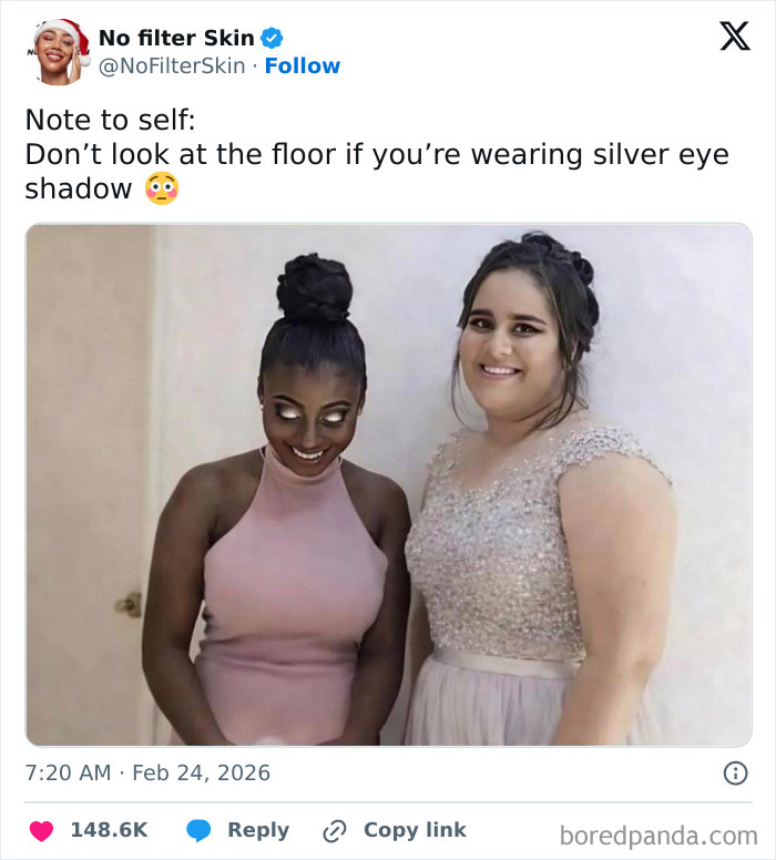 Two women with silver eyeshadow, one looking down showing shiny eyes