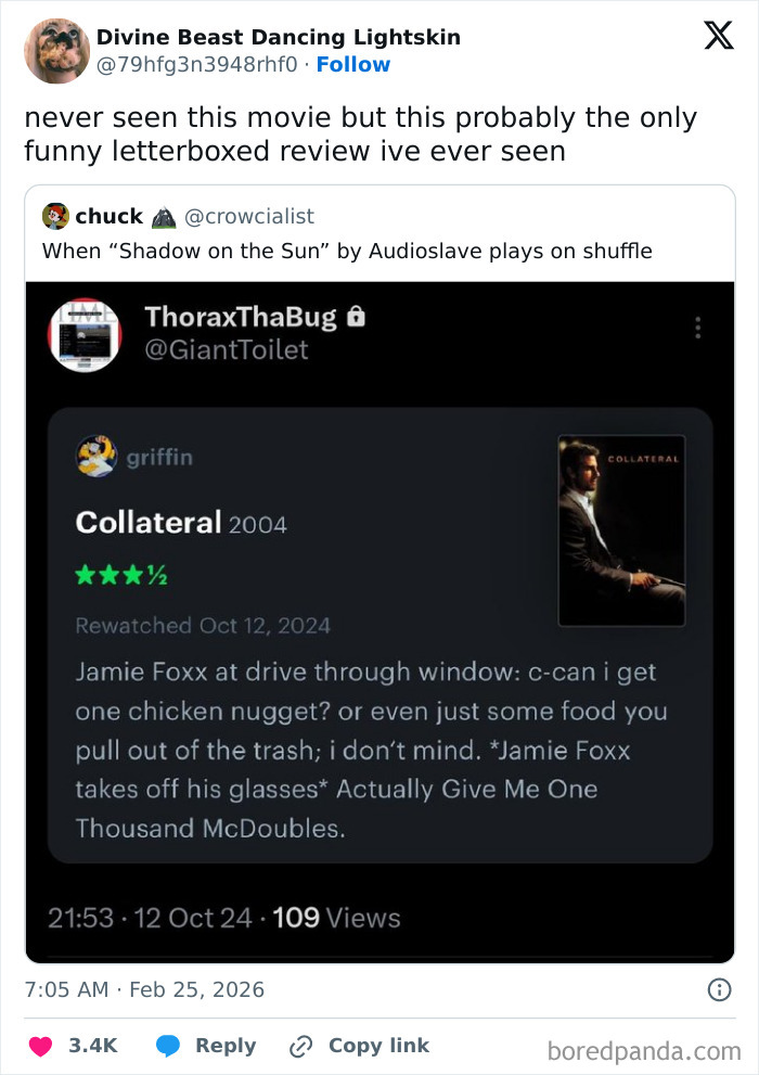 Screenshot of a funny online review for the movie Collateral with a humorous scenario.