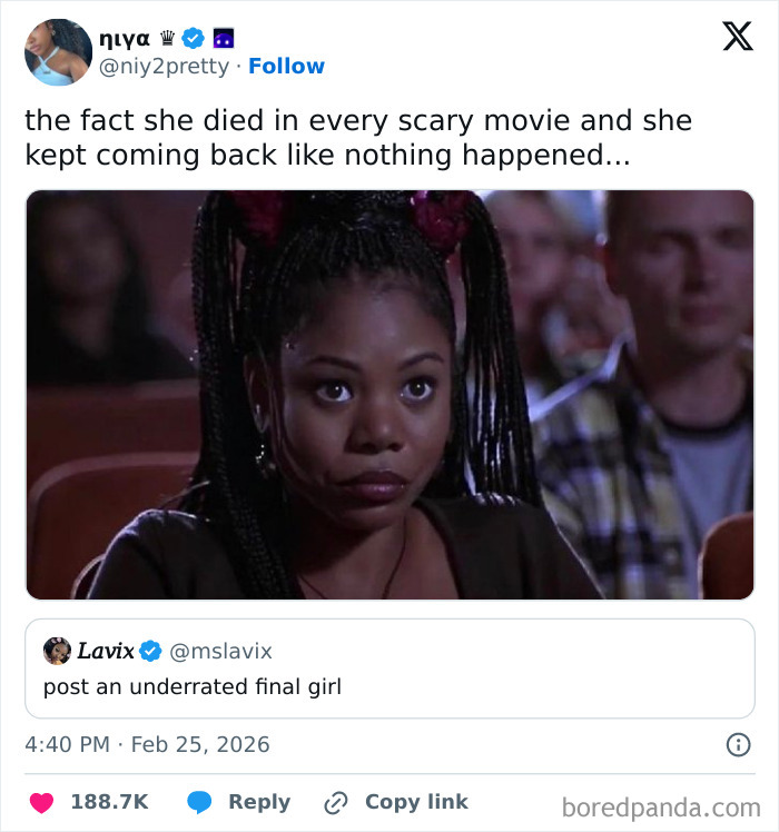 A cinephile tweet about a character dying in scary movies, showcasing movie people's horror insights.
