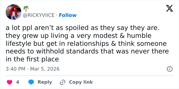 Tweet discussing modest backgrounds and relationship standards in spoiled dating culture