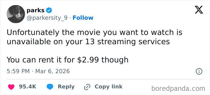 A cinephile tweet lamenting movie unavailability on streaming, reflecting movie people's struggles.