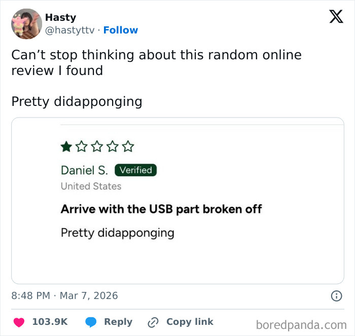 Screenshot of a funny online review with a one-star rating and the comment Pretty diddapponging for a broken USB part.