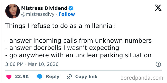 Millennial refuses to answer unknown calls or doorbells and avoid unclear parking situations