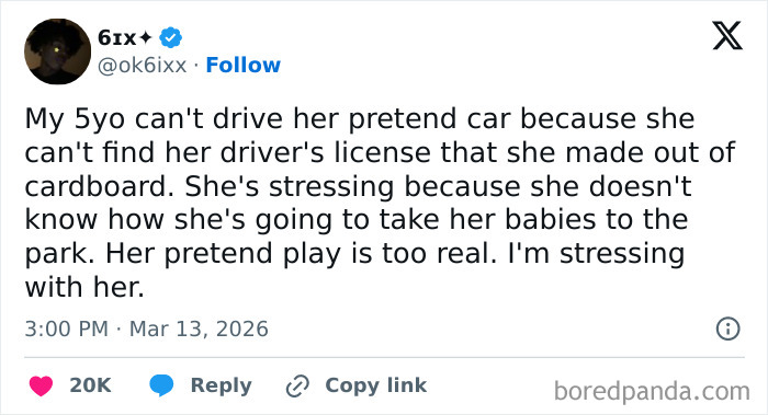 Suburban hell tweet about a child stressing over a cardboard driver's license for pretend play