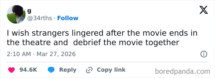 A cinephile tweet proposing post-movie debriefs, illustrating movie people's unique theatre experiences.
