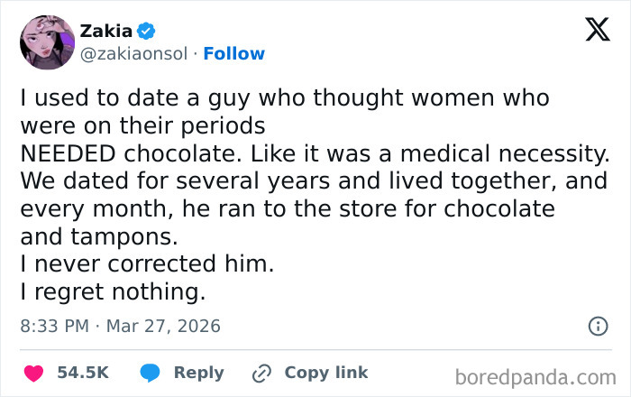 A Katelyn Bowden post about a boyfriend always getting chocolate and tampons for his girlfriend during her period, showing his love.