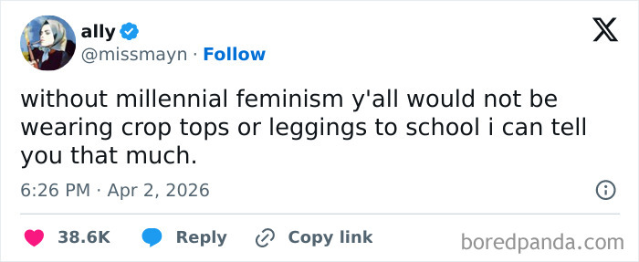Tweet about millennial feminism influencing fashion like crop tops and leggings