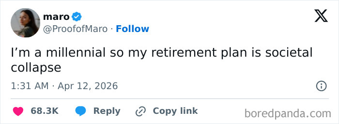 Tweet about millennial retirement plan being societal collapse