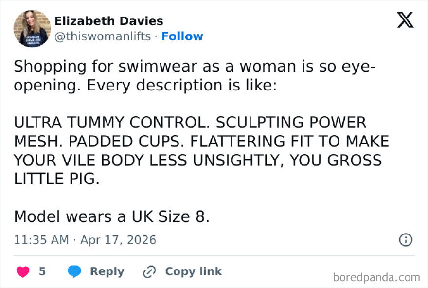 Tweet criticizing body-shaming language in women's swimwear shopping descriptions.