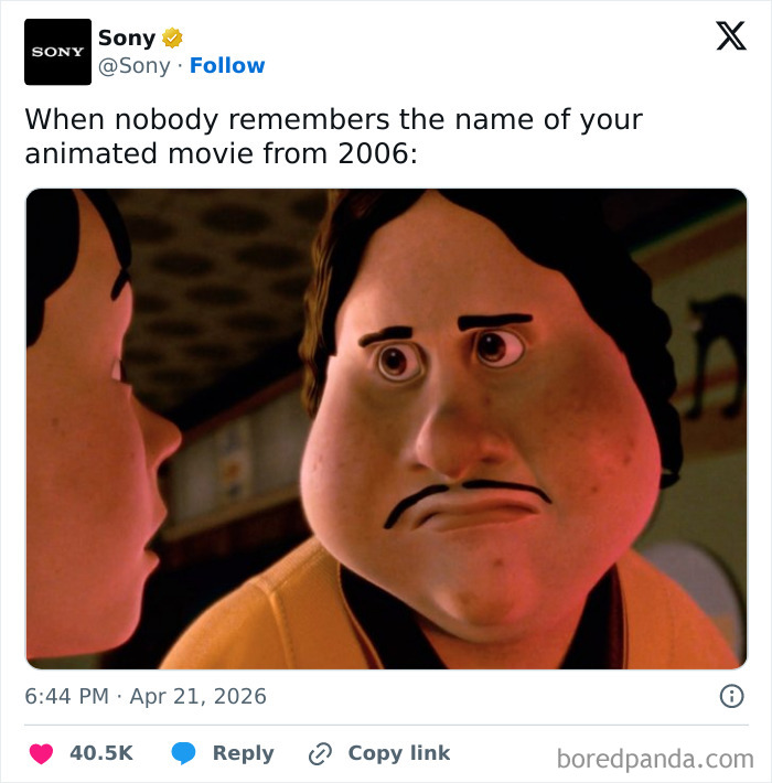 A Sony tweet featuring a forgotten animated movie character, adding to hilarious cinephile tweets.