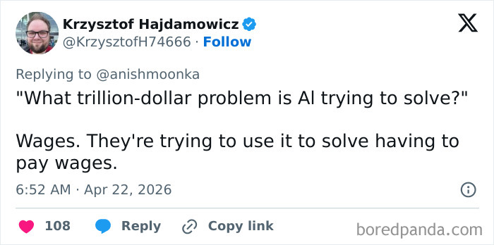 Tweet about AI solving the wage problem, dystopia perspective