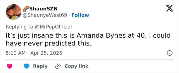 Tweet astonished by Amanda Bynes's transformation at age 40