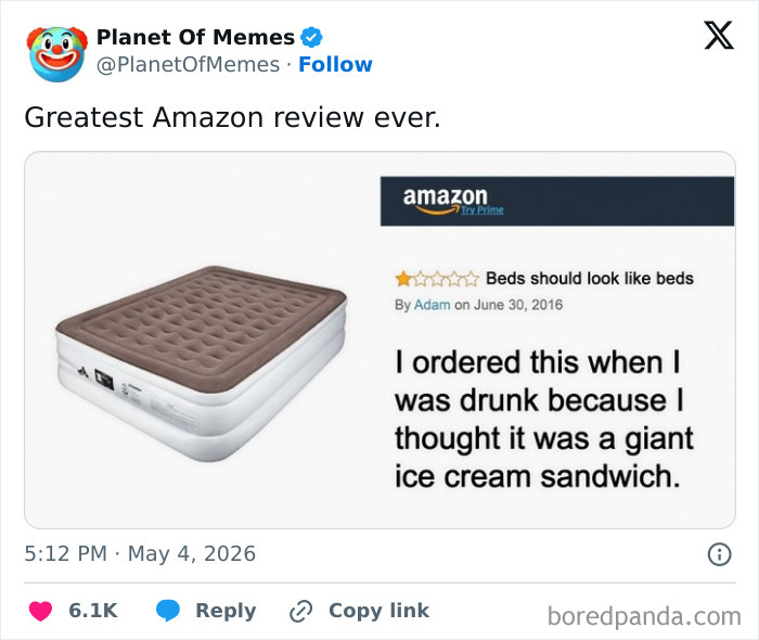 Funny online reviews: A humorous Amazon review for an air mattress mistaken for a giant ice cream sandwich.